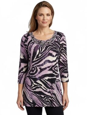 CHICO'S Purple Zebra Print Embellished Tunic Top Size 2/Large